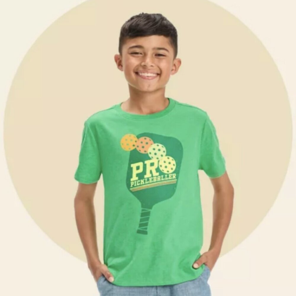 Kids Pickleball Graphic T-Shirt Green Short Sleeve “Pro Pickleballer” Tee Sz M